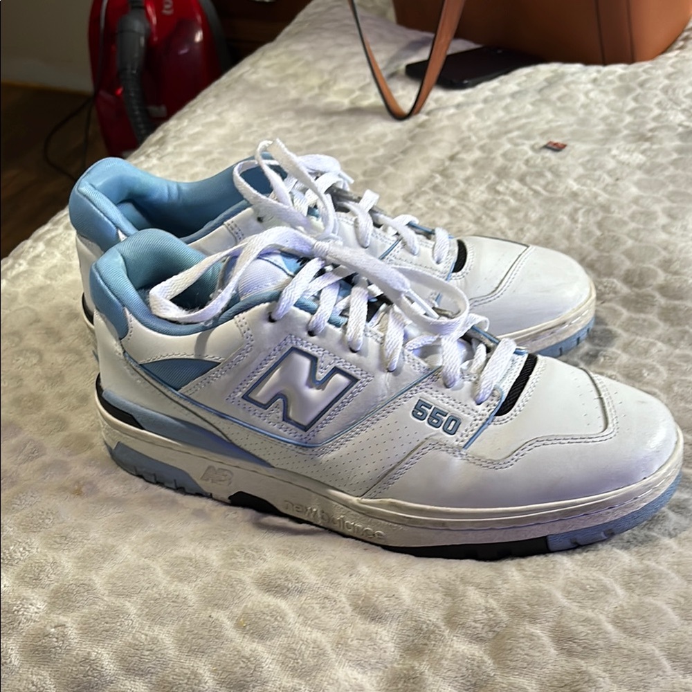 New Balance 550 White and Light Blue Athletic Shoes